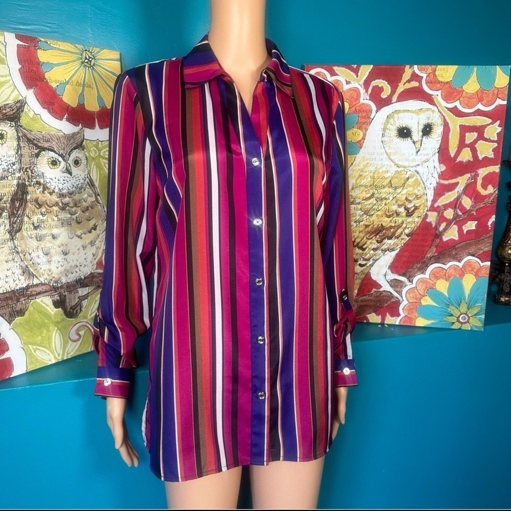 Anne Klein Blouse Retro Multicolor Striped Button Down Long Sleeve Workwear - Picture 8 of 10